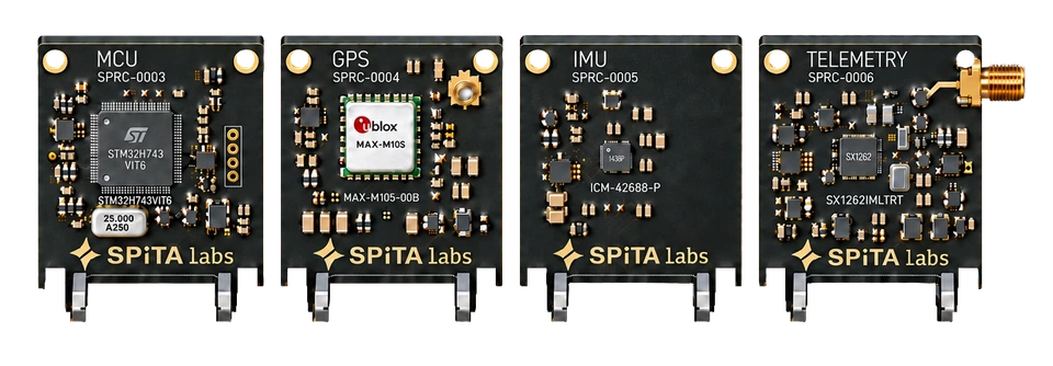 Four upright concept daughter cards for MCU, GPS, IMU, and telemetry functions